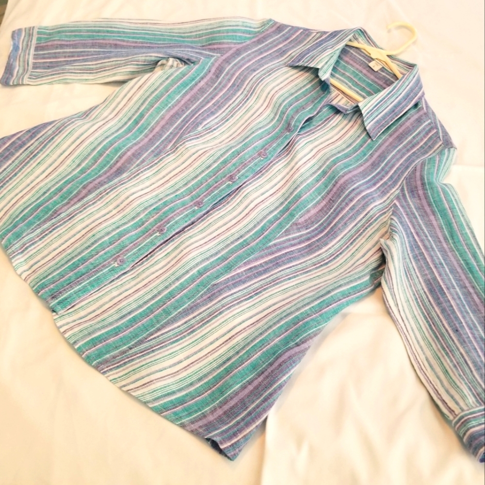 Vintage Pastel Linen blouse 3/4 sleeve by Coldwater Creek, size Large